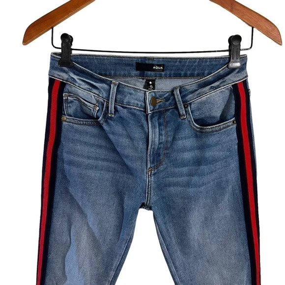 Aqua Light Wash Navy and Red Track Stripe Jeans Size 25 Frayed Hem Stretch Denim - Picture 3 of 5